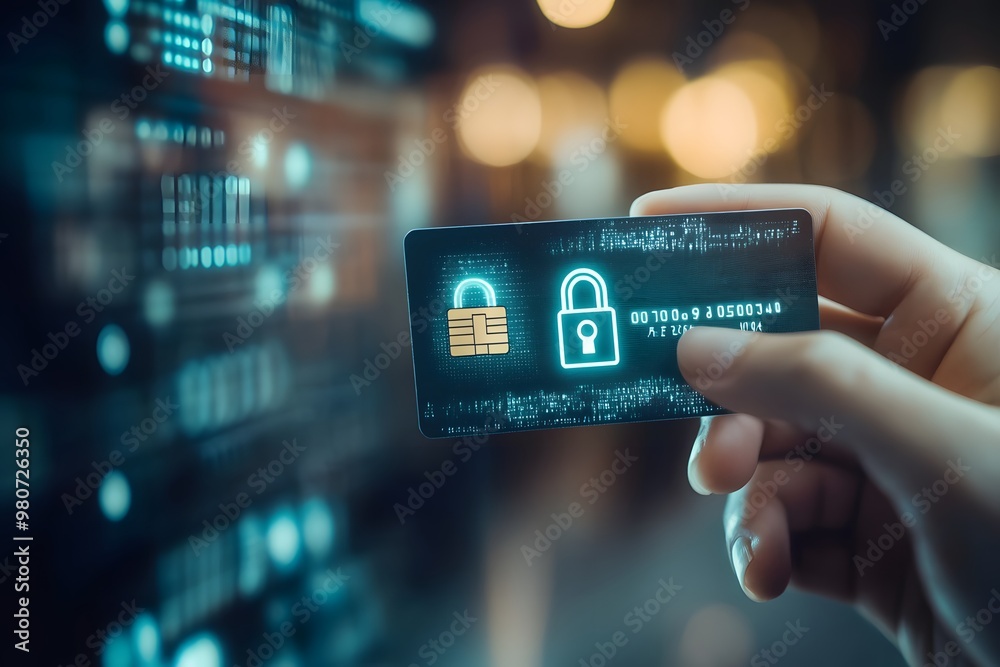 Hand holding a credit card with a digital padlock symbol, an online security concept Hand holding a credit card with a digital padlock symbol, an online security concept