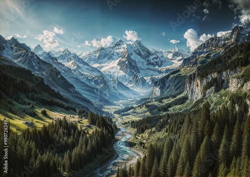 mountain covered with snow and rivers coming from the mountains blue sky