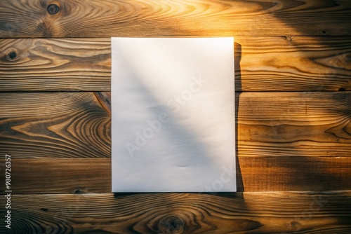 A blank, crisp, and unwritten A5-sized sheet of white paper lies flat on a wooden desk, illuminated by photo