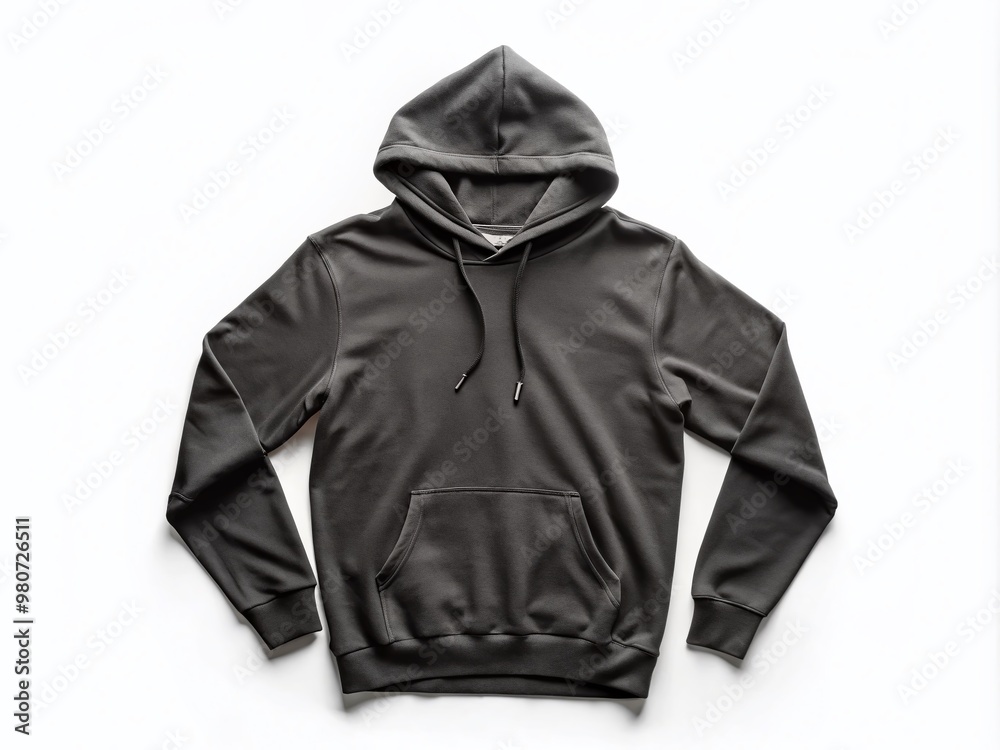 A blank black hoodie lies crumpled on a white background, its empty sleeves and hood a neutral canvas A blank black hoodie lies crumpled on a white background, its empty sleeves and hood a neutral canvas