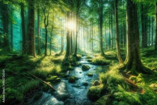 Wald Panorama mit Sonnenstrahlen lush green forest