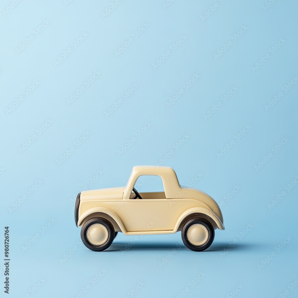 Kid's playing room interior. Retro style beige toy car on blue background. Stylish toy for toddler boy. Copyspace. Kid's playing room interior. Retro style beige toy car on blue background. Stylish toy for toddler boy. Copyspace.