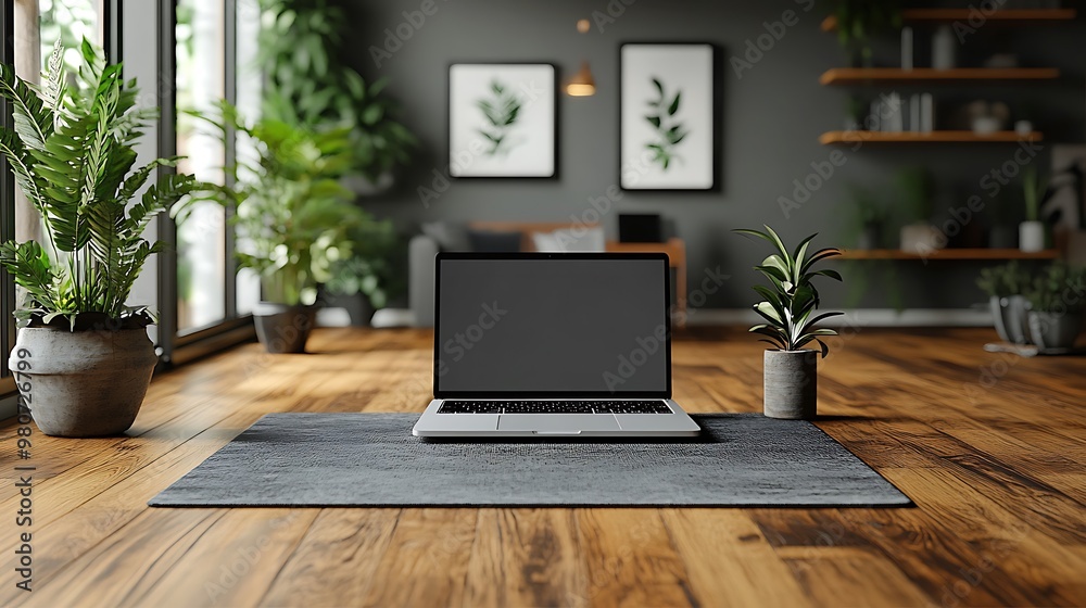 Fototapeta premium Laptop on a yoga mat in a minimalist living room with plants.