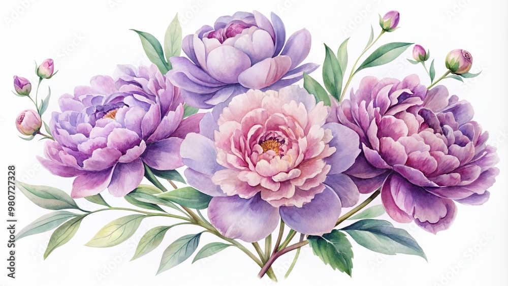 Delicate, dreamy watercolor peonies in soft purple, pink, and lavender hues, hand-drawn with gentle strokes, on a transparent background, perfect for elegant designs and projects. Delicate, dreamy watercolor peonies in soft purple, pink, and lavender hues, hand-drawn with gentle strokes, on a transparent background, perfect for elegant designs and projects.