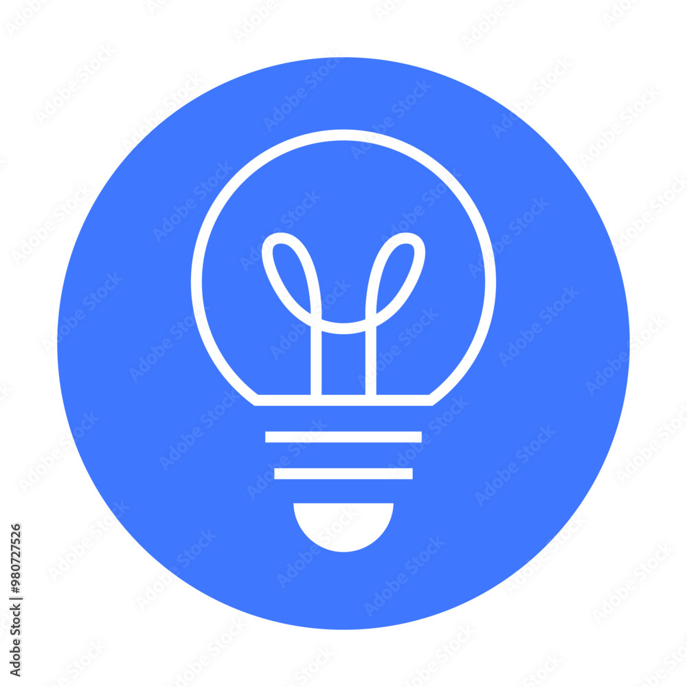 White light bulb illustration on blue circle background. Ideal for technology, creativity, brainstorming, innovation, education. Simple vector style.