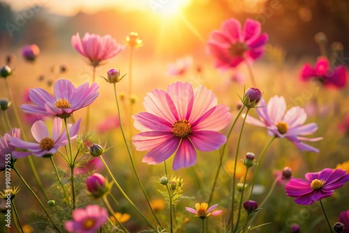 Vibrant cosmos flowers sway gently in a sun-kissed meadow, their delicate petals and soft focus capturing the essence of a serene summer morning in warm, golden light.