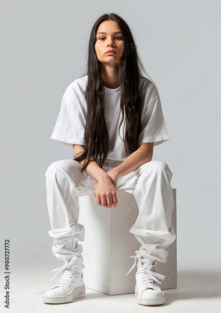 Teenage wearing white t shirt mockup clothing footwear sitting. Teenage wearing white t shirt mockup clothing footwear sitting.