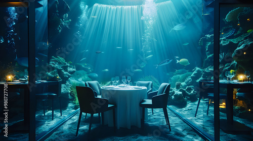 Fototapeta Naklejka Na Ścianę i Meble -  Underwater Dining Experience with Fish and Sea Life