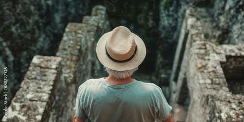 Man in a straw hat standing on stone steps.