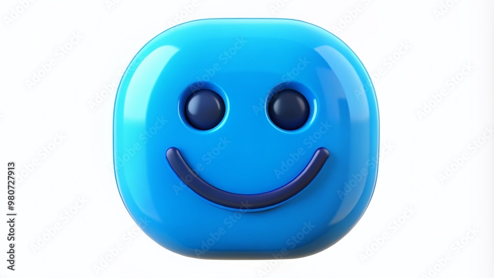 A bright blue emoticon face with a smiling expression and rounded edges, isolated on a white background, conveying A bright blue emoticon face with a smiling expression and rounded edges, isolated on a white background, conveying