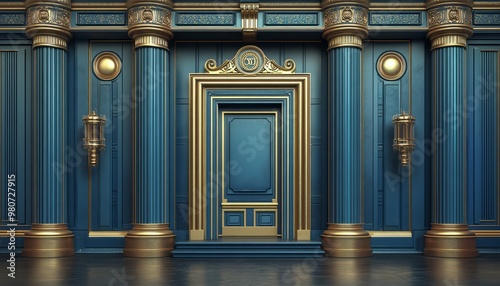 Ornate Gold and Blue Doorway with Columns and Lanterns photo