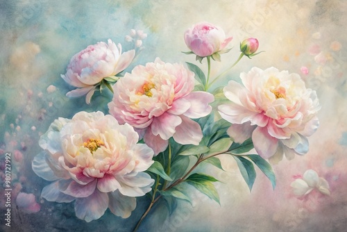 Delicate watercolor peonies bloom in soft pastel hues, swirled with gentle brushstrokes, creating a dreamy, ethereal, and whimsical abstract floral artwork on a subtle textured background.