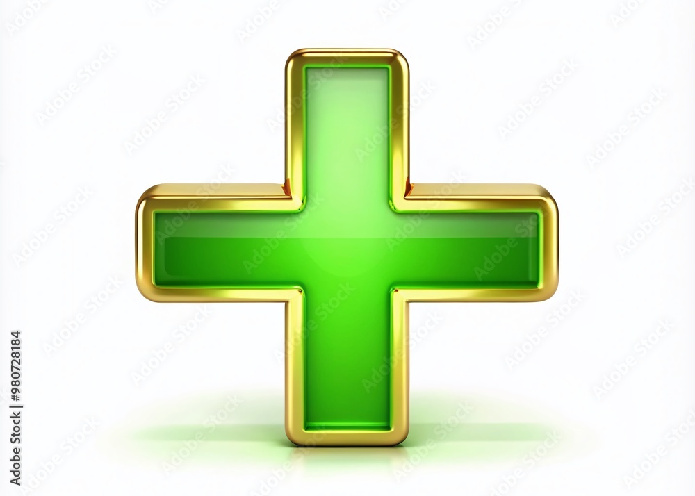 Obraz premium A bright green plus sign with a golden outline and subtle gradient, isolated on a pristine white background,