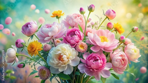 Delicate watercolor pastel hues blend with vibrant colors in a whimsical bouquet of peony and buttercup flowers, exuding soft femininity and springtime charm.