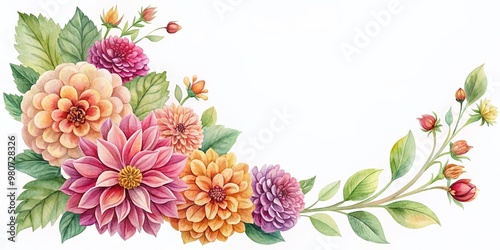 Whimsical watercolor illustration of a corner floral border featuring dahlias on a transparent background, perfect for adding text or images with a rustic spring vibe.