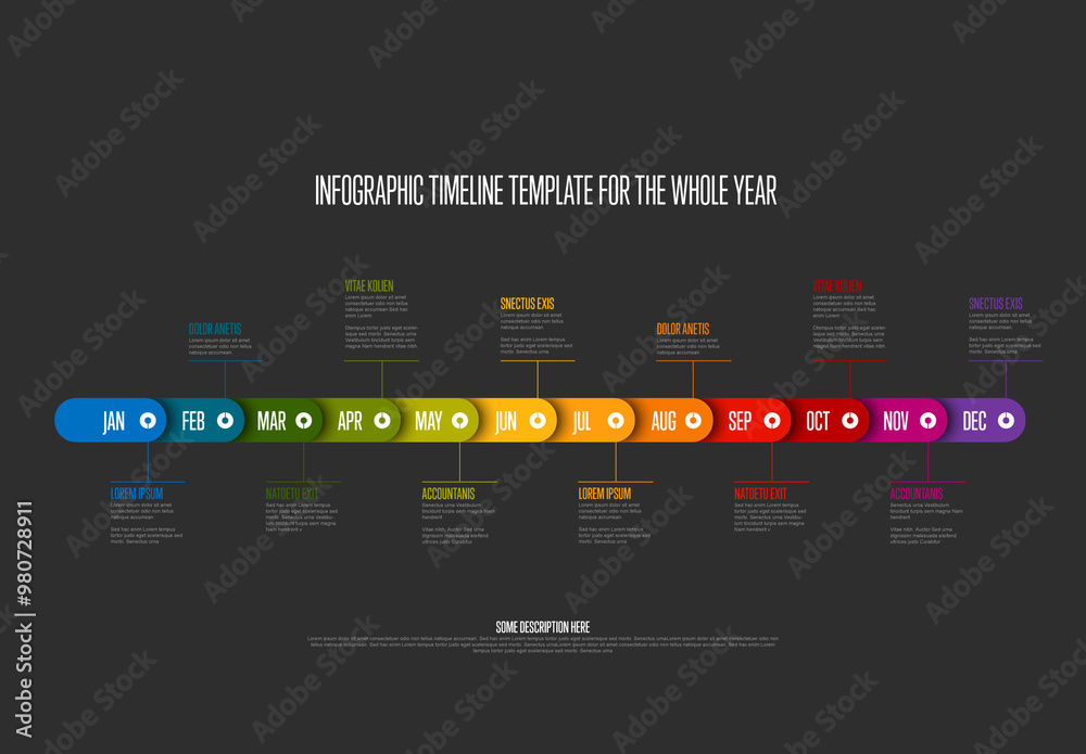 Whole year dark timeline template with month names and rainbow color blocks