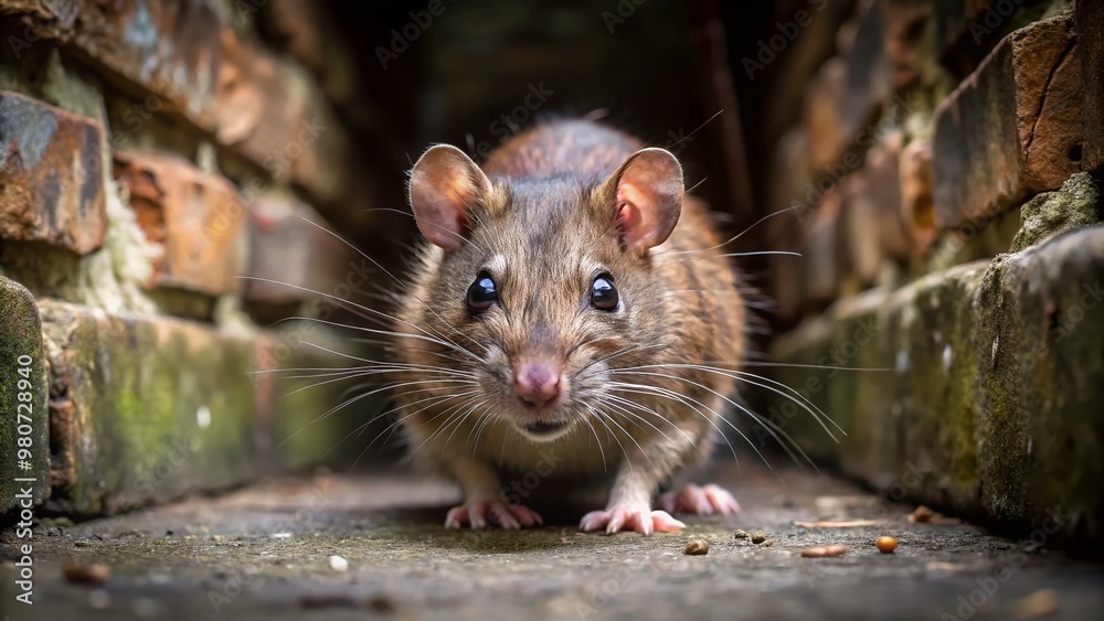 A brown rat cautiously emerges from a dark alleyway, its beady eyes scanning the surroundings, whiskers twitching, and A brown rat cautiously emerges from a dark alleyway, its beady eyes scanning the surroundings, whiskers twitching, and