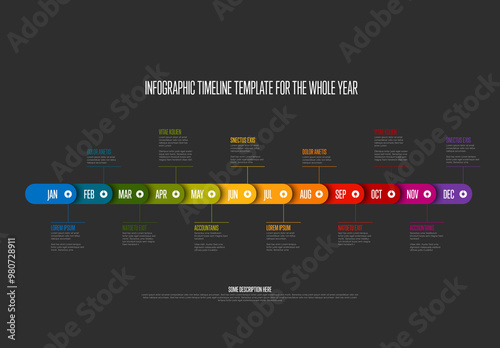 Obraz na płótnie Whole year dark timeline template with month names and rainbow color blocks w salonie