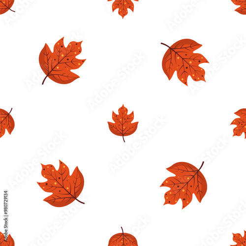 Seamless pattern with Autumn maple leaf. Red foliage is a symbol of fall. Flat vector repeating background isolated on white 