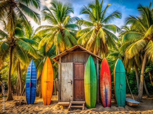 Colorful surfboards stacked outside rustic beach bathing cabins with weathered wooden doors and shutters, nestled among tropical palm trees and lush greenery.