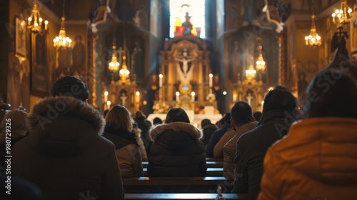 Christian worship in a church, with people bowing their heads in prayer