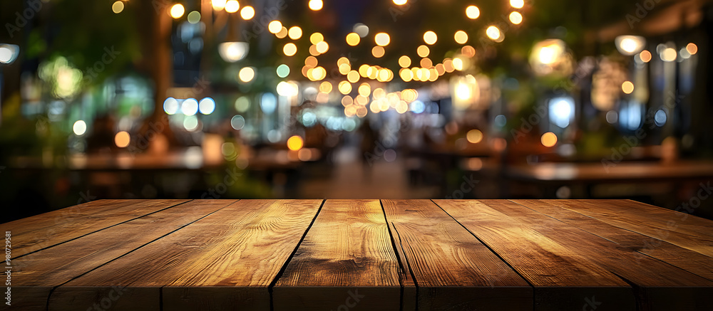 A wooden table is displayed in a blur of a modern night scene at a bustling restaurant offering a generous copy space image for presenting products or food A wooden table is displayed in a blur of a modern night scene at a bustling restaurant offering a generous copy space image for presenting products or food