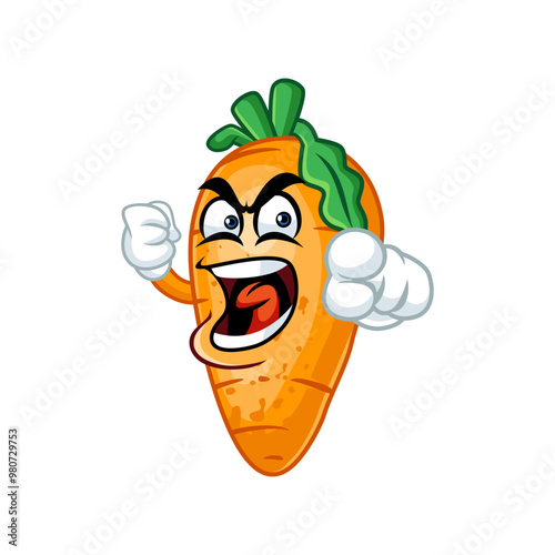 Angry cartoon carrot mascot character with clenched fists. Perfect for food and beverage brands.