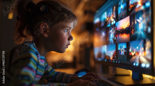 Discovering photography, a child looking at photos they took on a computer screen