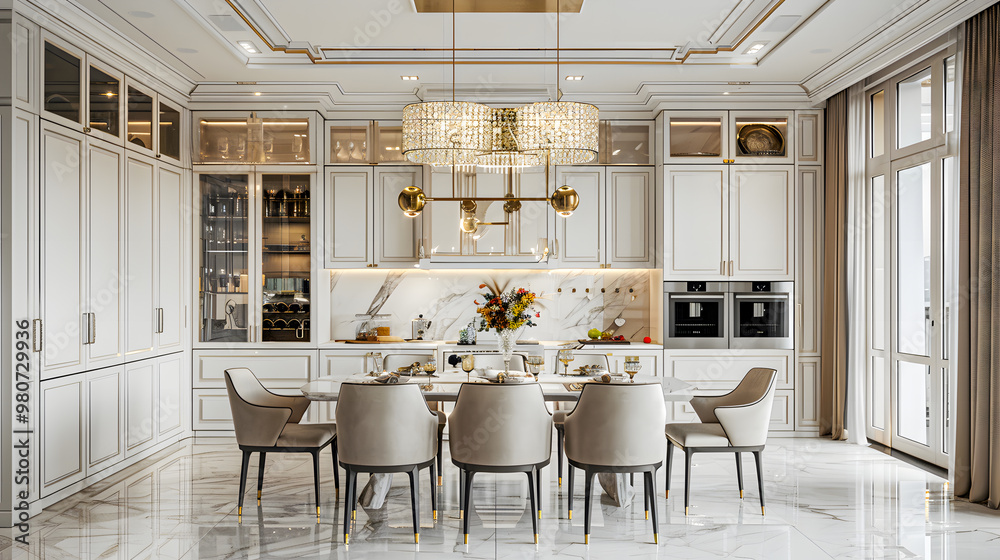 Modern classic white kitchen in a luxury apartment. Large island with ...