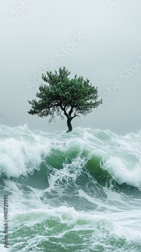 Lonely green tree in the wave field  photo