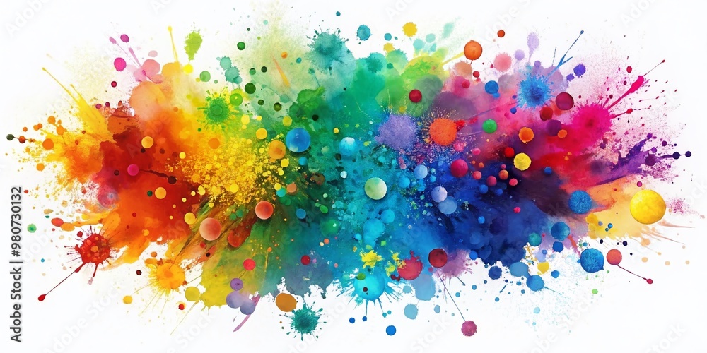 Obraz premium Vibrant colorful ink splashes and paint splatters on a clean white background featuring multi-colored dots, creating a beautiful abstract watercolor-inspired design.