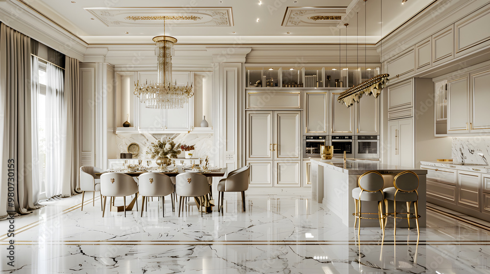Modern classic white kitchen in a luxury apartment. Large island with marble top, dining table with armchairs, marble floor, luxurious chandelier, gilded details, modern kitchen appliances Modern classic white kitchen in a luxury apartment. Large island with marble top, dining table with armchairs, marble floor, luxurious chandelier, gilded details, modern kitchen appliances