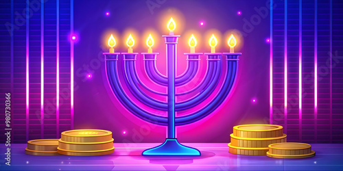 Glowing Hanukkah Gelt and Menorah with Neon Accents on Vibrant Abstract Background - Modern Celebration Design for Holiday eCommerce Banners in Flat Vector Style