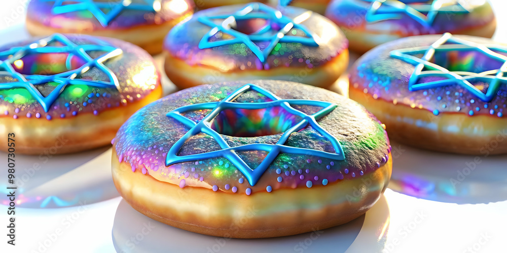 Futuristic 3D Hanukkah Donuts with Neon Icing: Macro Shot of Modern Traditional Food on White Background Futuristic 3D Hanukkah Donuts with Neon Icing: Macro Shot of Modern Traditional Food on White Background