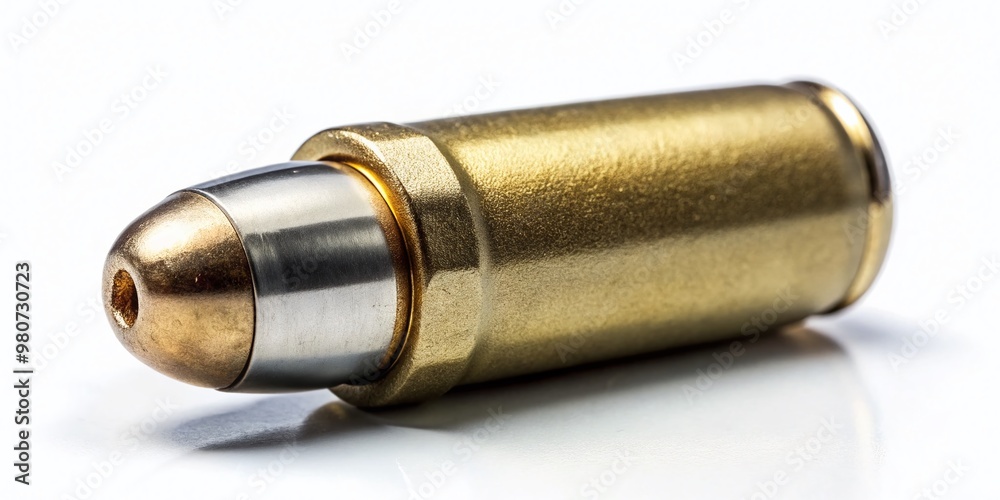 A close-up of a 9x19mm Parabellum cartridge, a type of handgun ammunition, isolated on a white background with A close-up of a 9x19mm Parabellum cartridge, a type of handgun ammunition, isolated on a white background with