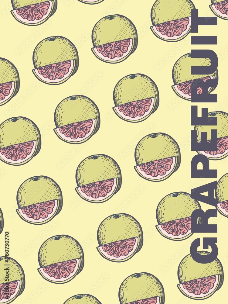 Poster (cover, card) of hand-drawn fruits in pop art style. Linear drawing with color fill and text is a modern type of printed art for discounts, price tags, advertising Poster (cover, card) of hand-drawn fruits in pop art style. Linear drawing with color fill and text is a modern type of printed art for discounts, price tags, advertising