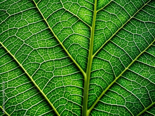 Vibrant green leaf macro photography reveals intricate texture, prominent veins, and microscopic cells, showcasing nature's intricate patterns and structures in stunning high-resolution detail. photo