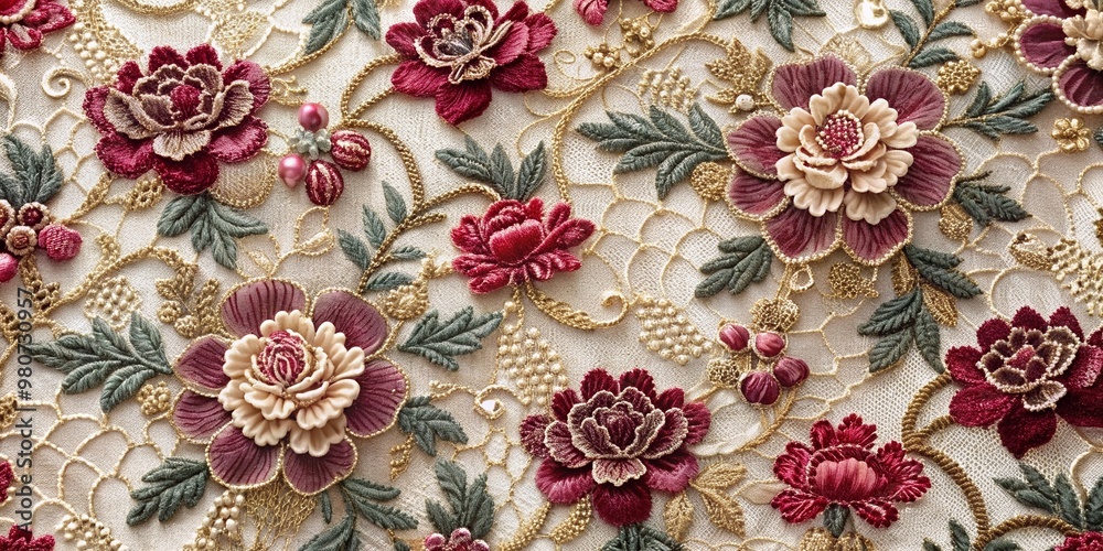 Intricate floral pattern adorns a luxurious lace fabric with subtle raised texture, exuding timeless elegance and sophistication, perfect for high-end fashion and opulent occasions. Intricate floral pattern adorns a luxurious lace fabric with subtle raised texture, exuding timeless elegance and sophistication, perfect for high-end fashion and opulent occasions.