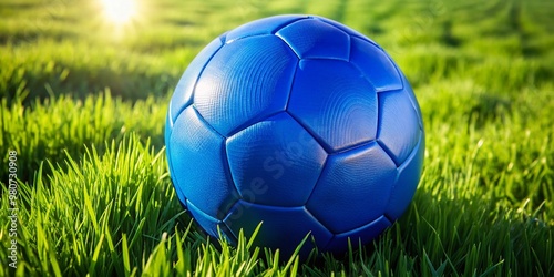 A close-up of a blue soccer ball lying on a lush green grassy field, with subtle shadows and photo