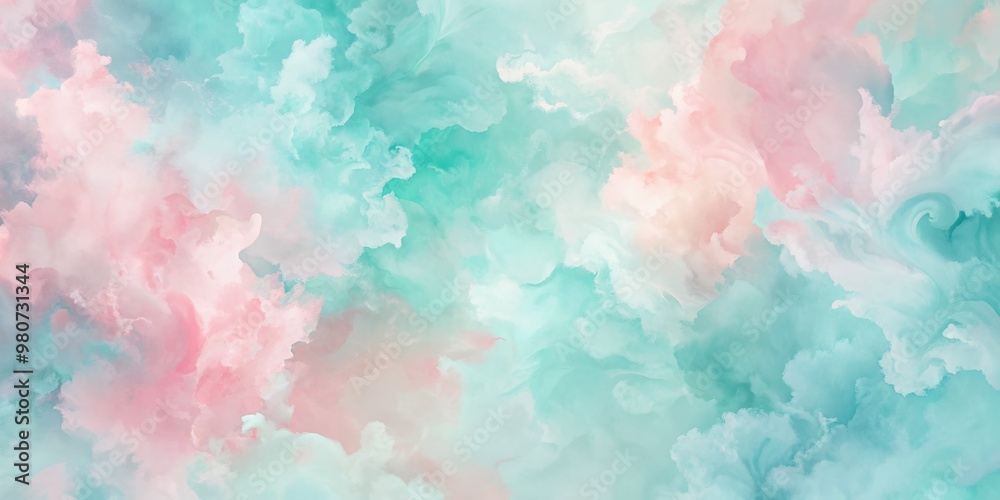 Fototapeta premium Soft blended abstract oil color mix background featuring delicate pastel hues of pale pink, baby blue, and mint green for artistic and creative design projects.