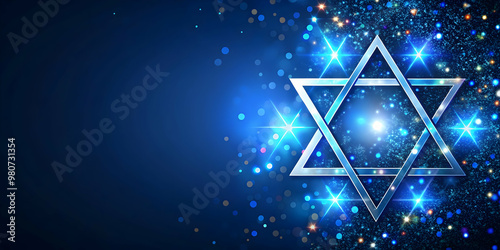 Minimalist Navy Blue Background with Holographic Star of David Accents - Modern Festive Design with Ample Copy Space for Photo Stock Use photo