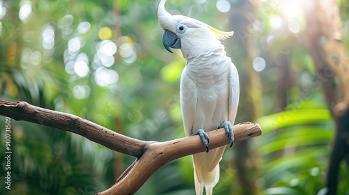 White cockatoo parrot with crest perched on a palm tree in a tropical forest photo