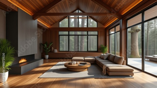 Modern wooden stylish interior in a house outside the city in the forest. Mocha Mousse color of the year 2025