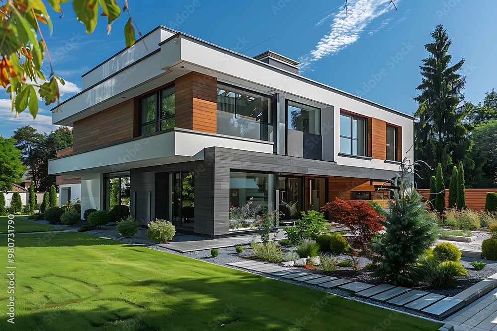 Exterior view of modern villa with garden and swimming pool. Exterior view of modern villa with garden and swimming pool.