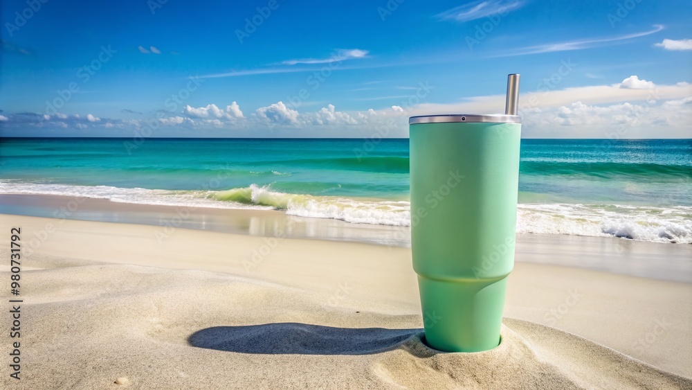 Vibrant pastel green 30oz extra tall tumbler stands alone on a serene beach, surrounded by soft white sand and gentle ocean waves in the background.