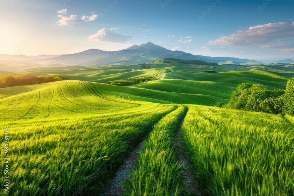 Obraz premium Tranquil spring landscape with country road for travel exploration.