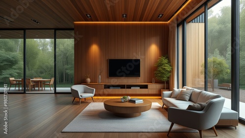 Modern wooden stylish interior in a house outside the city in the forest. Mocha Mousse color of the year 2025
