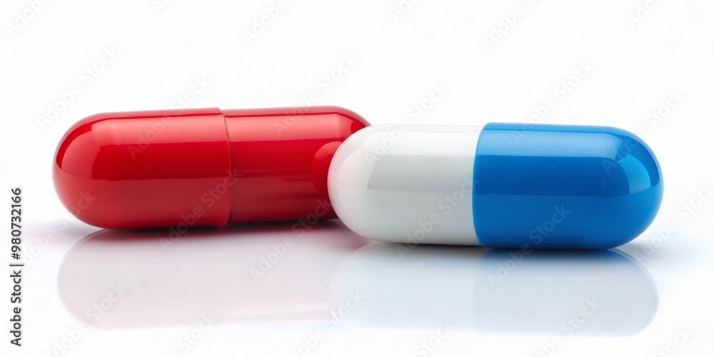 A close-up of two pills, one blue and one red, on a white background, symbolizing choice, freedom, and A close-up of two pills, one blue and one red, on a white background, symbolizing choice, freedom, and