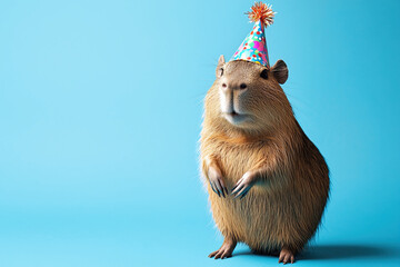 Birthday celebration concept cute capybara in a party hat on blue background with copy space