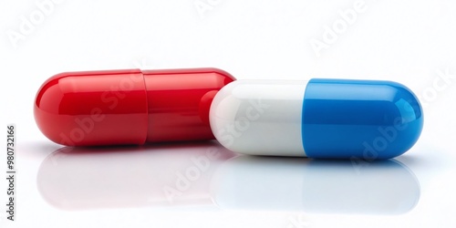 A close-up of two pills, one blue and one red, on a white background, symbolizing choice, freedom, and photo